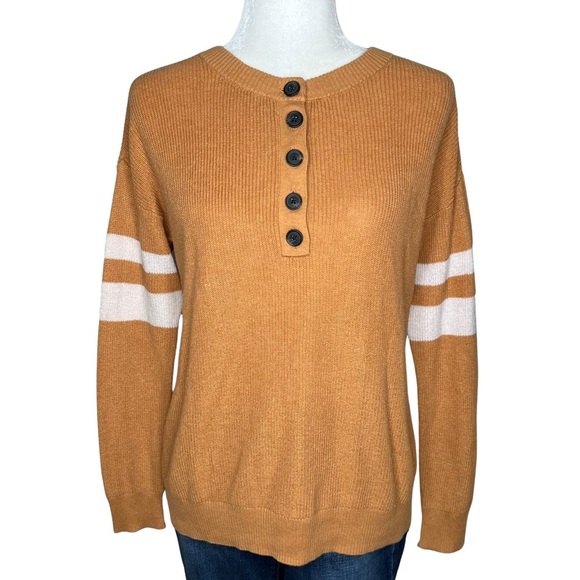 AEO Sweater Varsity Stripe Henley Lightweight Pullover Honey Orange Off White XS - Picture 1 of 12